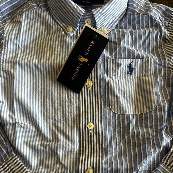 Polo Ralph Lauren Natural Stretch Fit Striped Cotton Dress Blue Dress Shirt - Picture 4 of 6